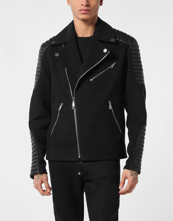 Wool Biker Jacket with Leather Inserts