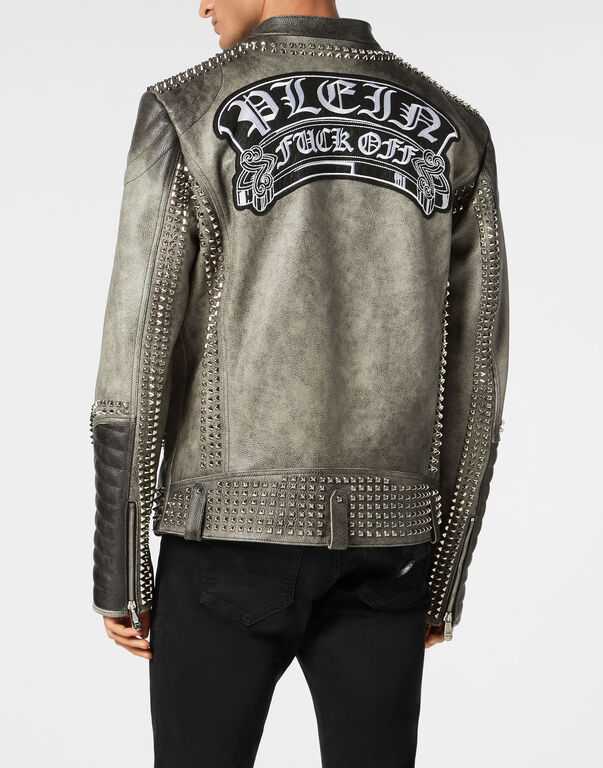 Leather Biker Jacket With Patch Studs Leather Biker Jacket With Patch Studs
