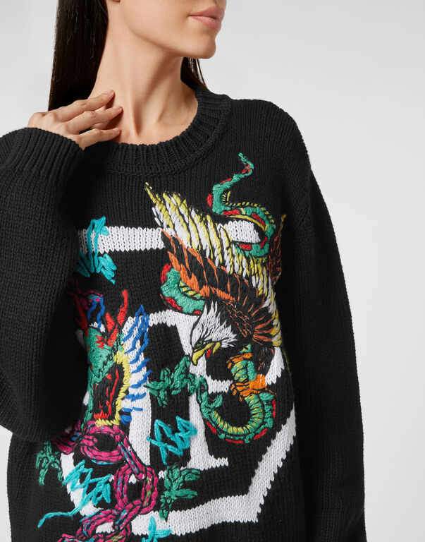 Wool Cotton Pullover Round Neck LS Tattoo Patches