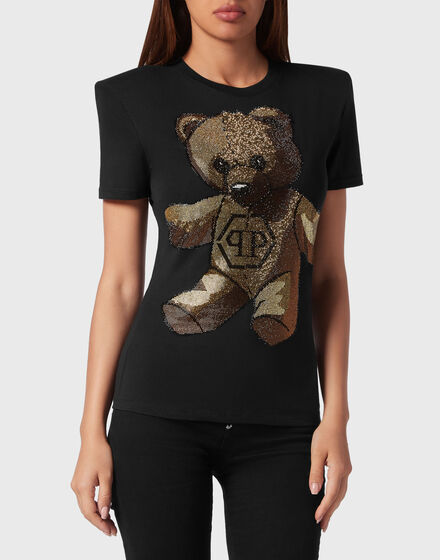 Padded Shoulder Sleeveless T-Shirt Sexy Pure Fit with Crystals Teddy Bear