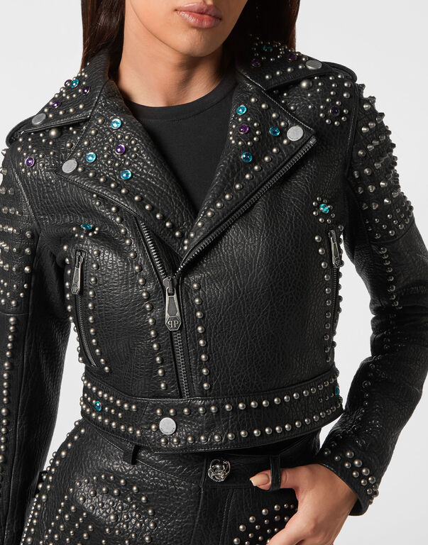 Vintage Leather Cropped Biker Jacket Studs Vintage Leather Cropped Biker Jacket Studs