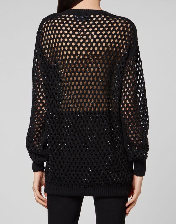 Cashmere 5 Pullover Round Neck LS Fishnet Crystal Cashmere 5 Pullover Round Neck LS Fishnet Crystal