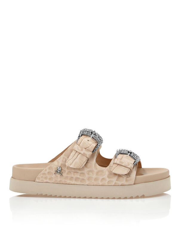 Croco Printed Leather Sandals Flat Crystal