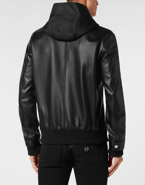 Leather Hooded Bomber with Satin Inserts