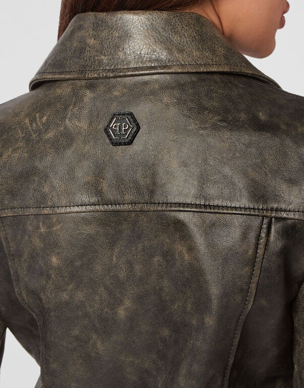Shoulder Padded Leather Biker Jacket