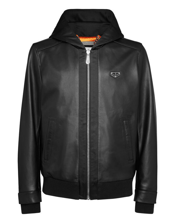 Nappa Leather Hooded Bomber Jacket