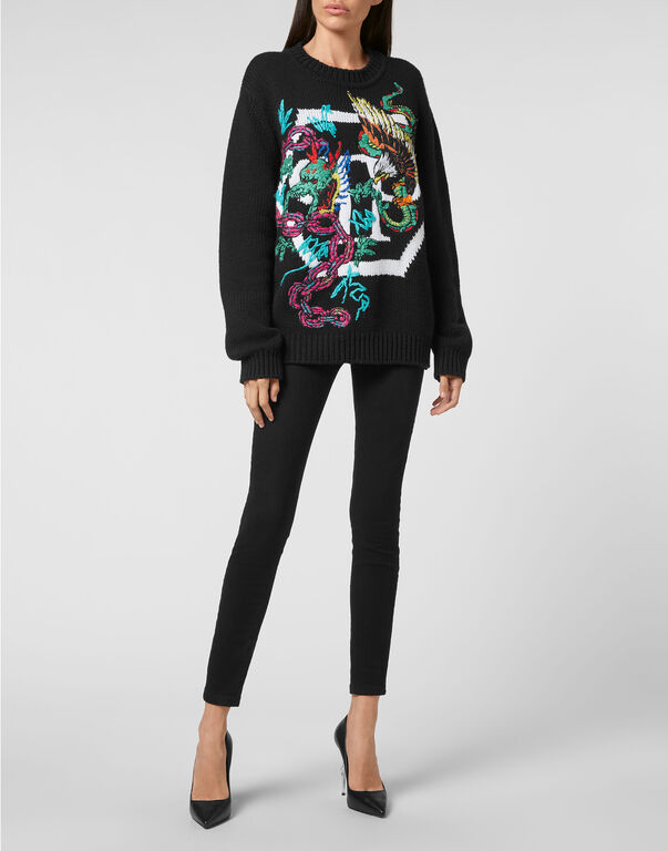 Wool Cotton Pullover Round Neck LS Tattoo Patches