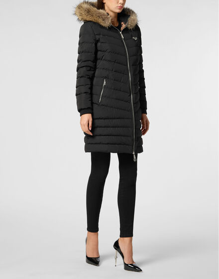 Nylon Puffer Long Down Jacket with Fur Collar