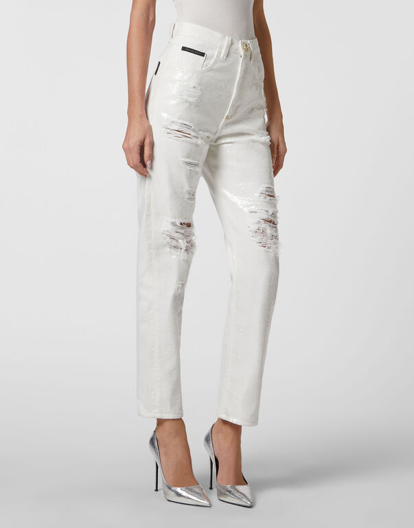 Denim Trousers Mom fit with Crystals