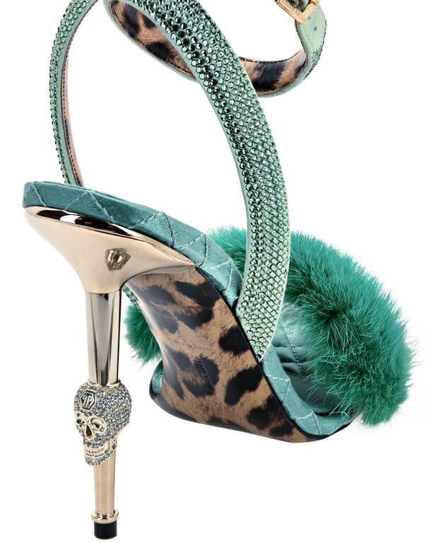 Skull Heel Crystal Embellished Fur Sandals