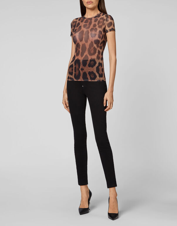 T-Shirt Round Neck SS Stretch Printed Tulle Leopard