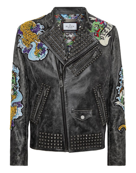 Leather Vintage-Effect Biker Jacket Tattoo