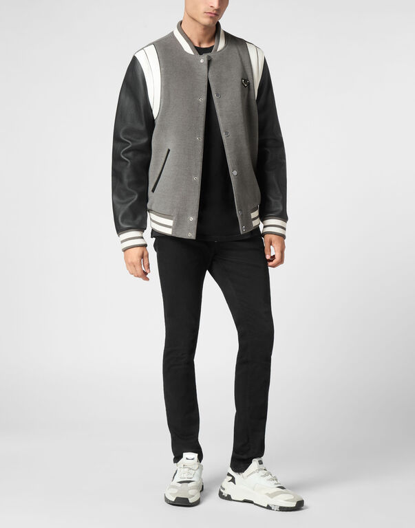 Bomber Jacket Leather Sleeves College