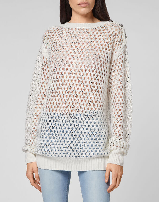 Cashmere 5 Pullover Round Neck LS Fishnet Crystal