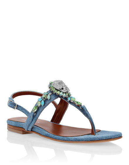 Denim Sandals Flat Crystal