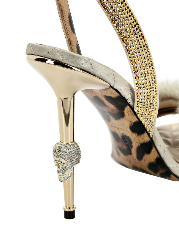 Skull Heel Crystal Embellished Fur Sandals