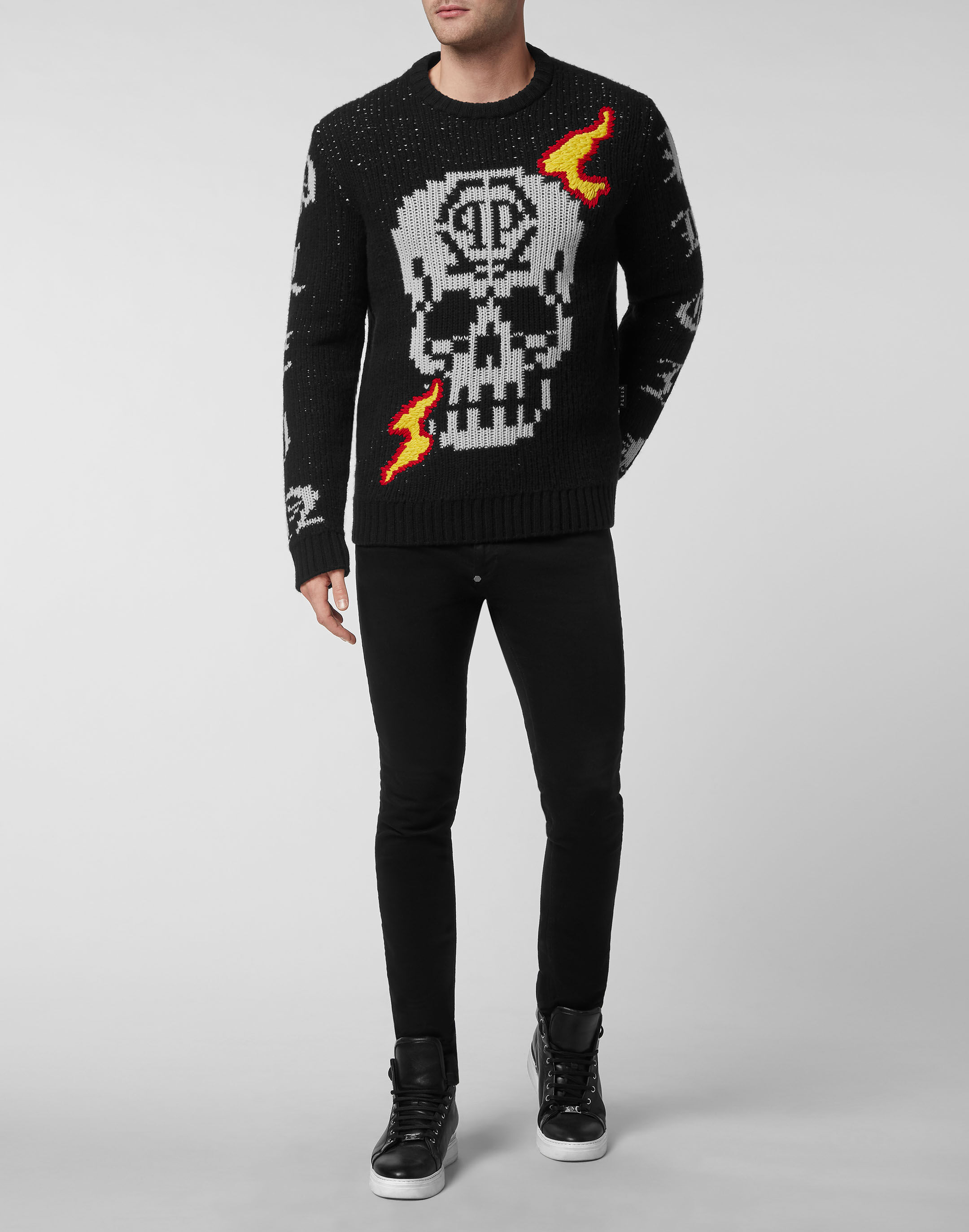 Philip Plein★黒 M◎シルク総柄スカルニット★ Pullover Round Neck LS | Philipp Plein Outlet
