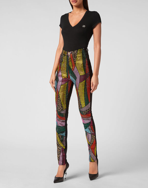 Super High Waist Denim Jeggings Rainbow Patchwork