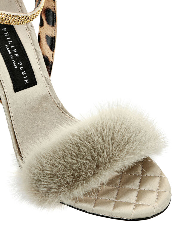 Skull Heel Crystal Embellished Fur Sandals