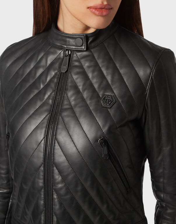 Cropped Padded Matellasse’ Leather Biker Jacket