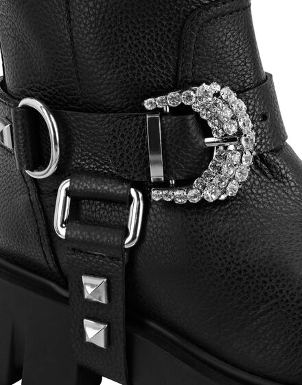 Leather Biker Boots Crystal Buckle