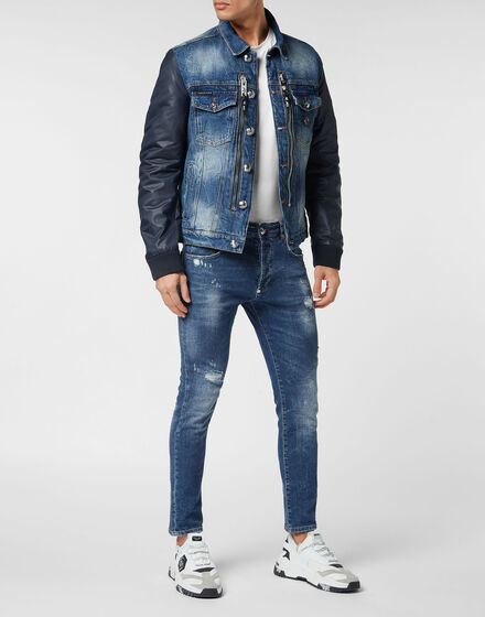 Denim Regular Jacket with Nylon Sleeves Hexagon