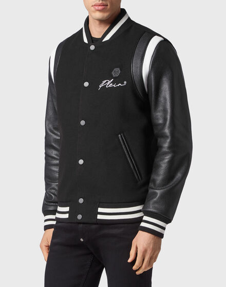 Slim Cut Wool And Leather Bomber Embroidery