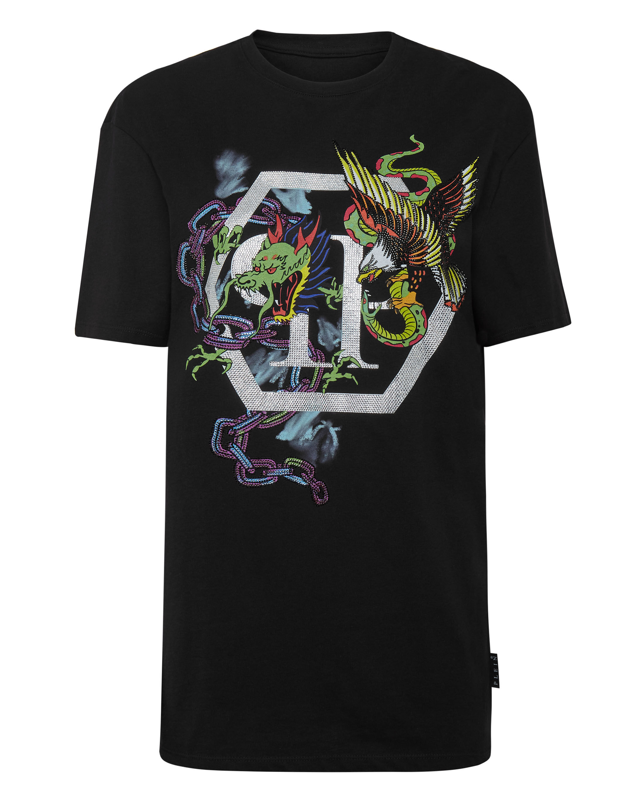 PHILIPP PLEIN ロコハッチロトッフスニカ SABSMSC3157 02 T-shirt Round Neck SS Tattoo Patches with Crystals | Philipp