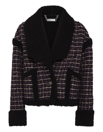 Tweed and Shearling Mix Coat Loose Fit Tartan
