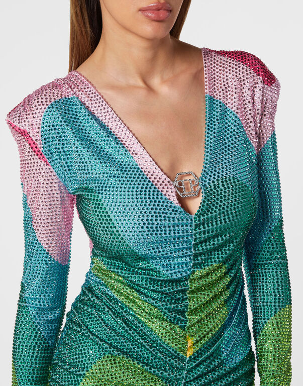 Padded Shoulder Mini Dress LS with Crystals Rainbow Stripes