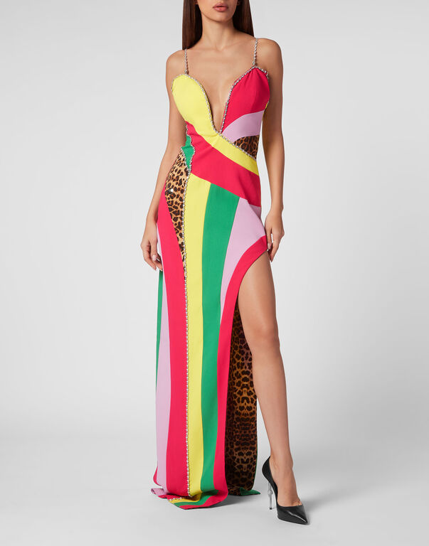 Satin Long Dress Rainbow Patchwork