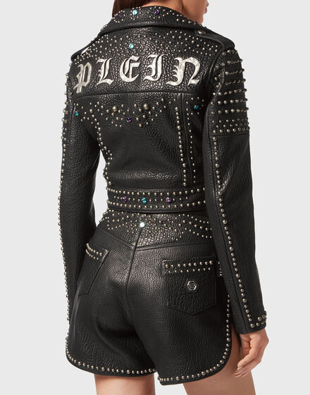 Vintage Leather Cropped Biker Jacket Studs