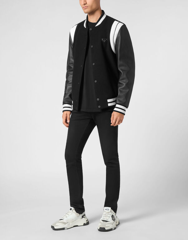 Bomber Jacket Leather Sleeves College