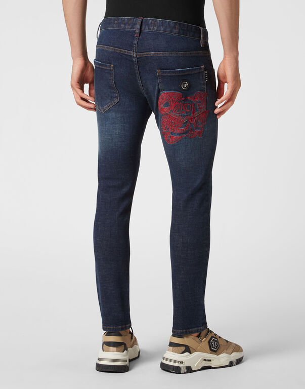 Embroidered Denim Trousers Skinny Fit Skull
