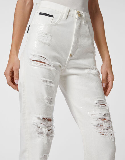 Denim Trousers Mom fit with Crystals