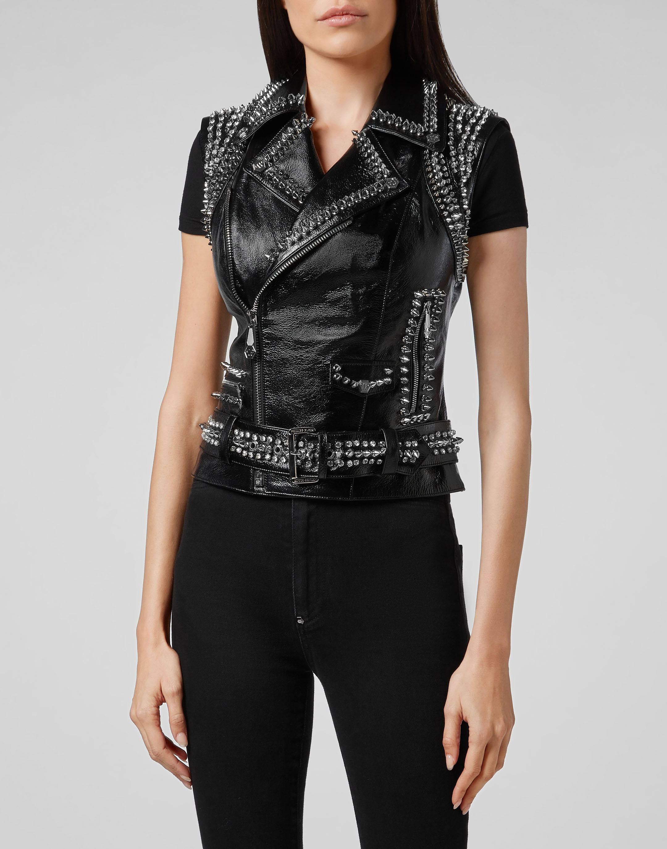Short leather vest on sale