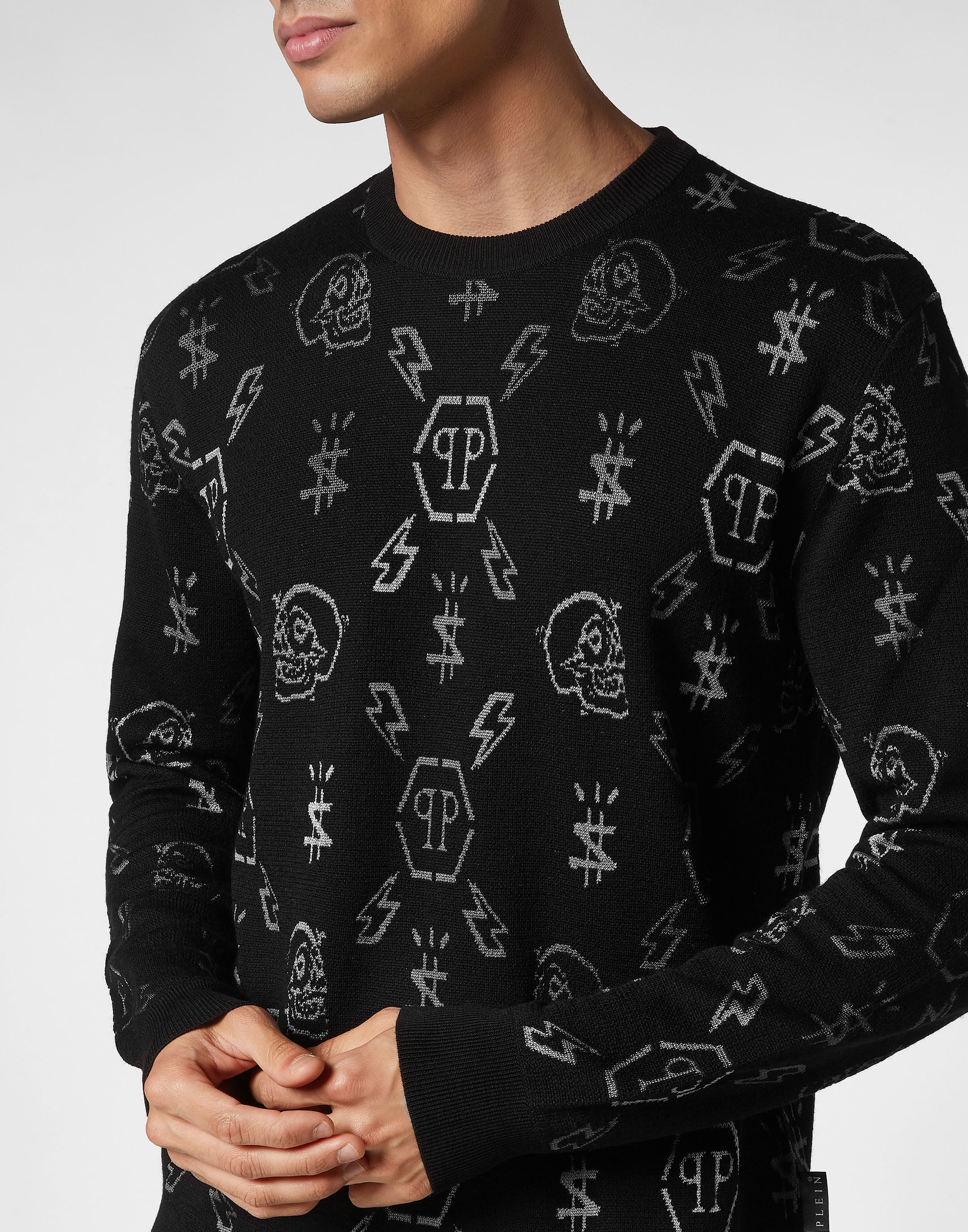 Merino wool Pullover Round Neck LS Jacquard Monogram Philipp Plein Outlet