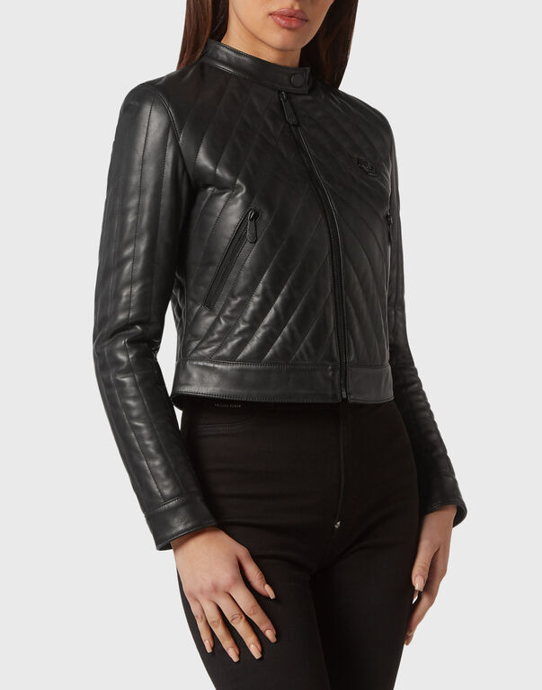 Cropped Padded Matellasse’ Leather Biker Jacket