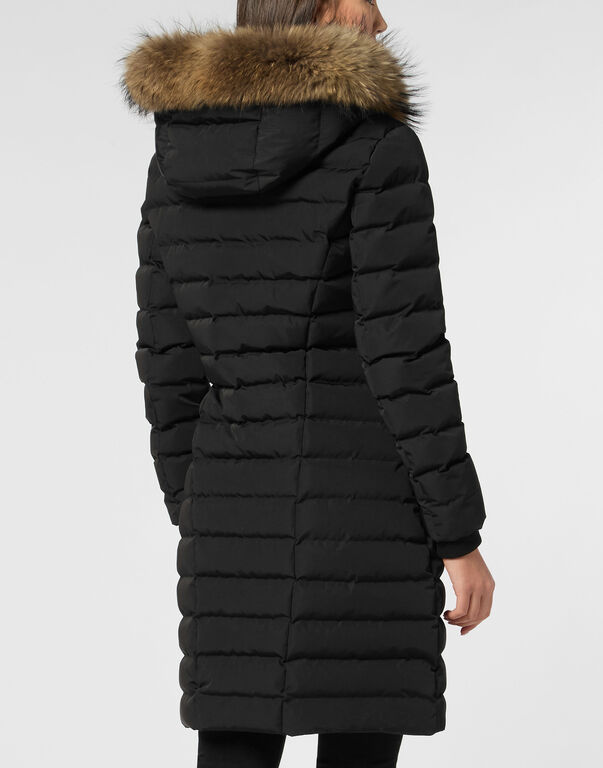 Nylon Puffer Long Down Jacket with Fur Collar
