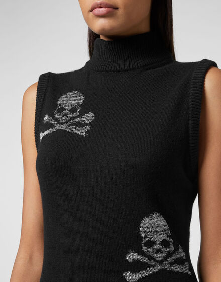 Wool Blend Knit Dress Sleevless Crystal Skull