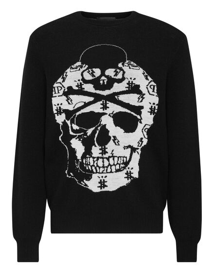 Merino wool Pullover Round Neck LS Jacquard Skull