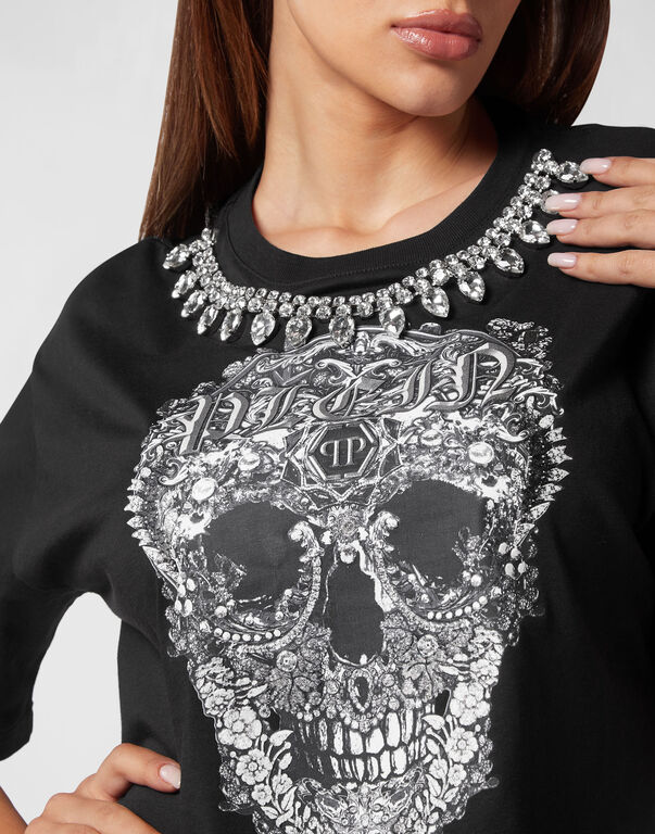 Cropped T-shirt Round Neck Baroque Skull