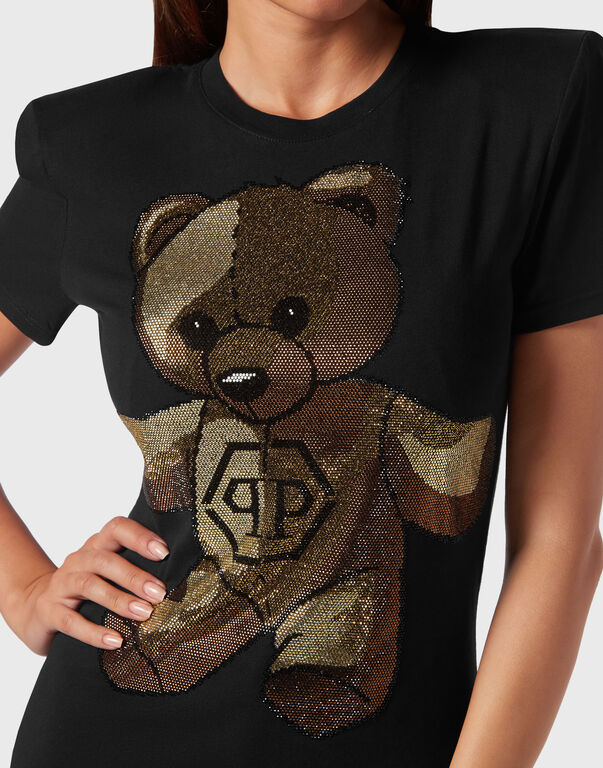 Padded Shoulder Sleeveless T-Shirt Sexy Pure Fit with Crystals Teddy Bear