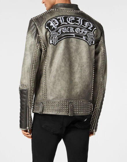 Leather Biker Jacket With Patch Studs Leather Biker Jacket With Patch Studs