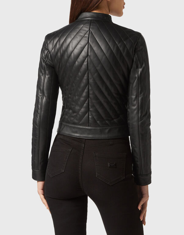 Cropped Padded Matellasse’ Leather Biker Jacket