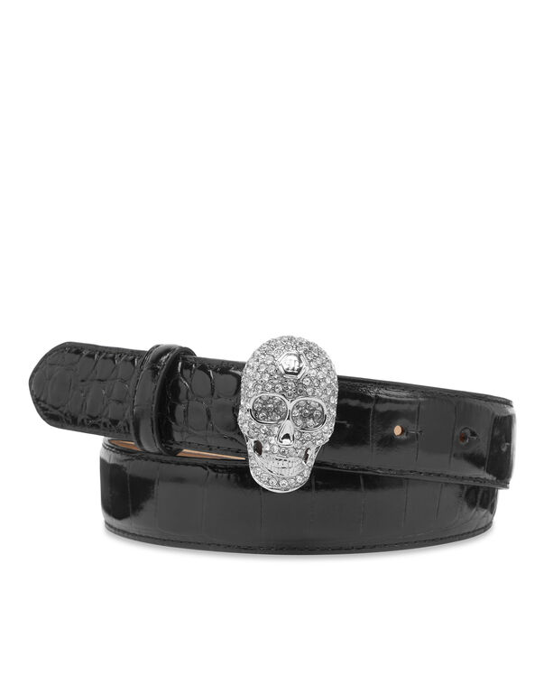 Leather Cocco Print  Belt Crystal Skull with Crystals