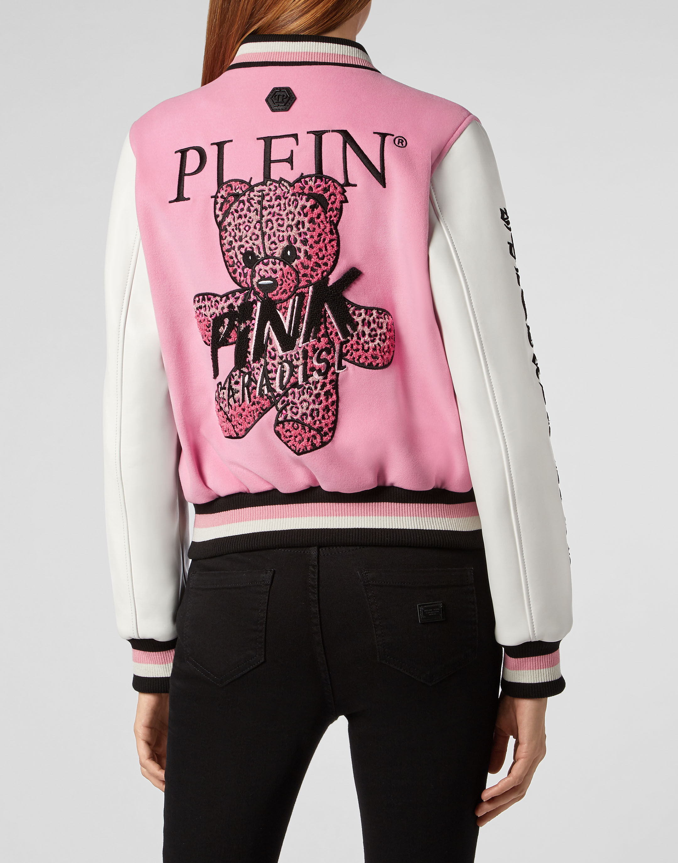 Pink leather bomber jacket online
