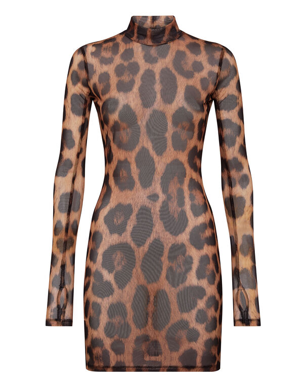 Short Dress Stretch Printed Tulle Leopard