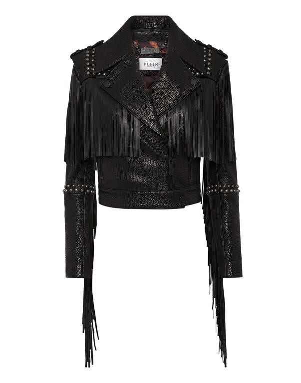 Leather Cropped Jacket Fringe