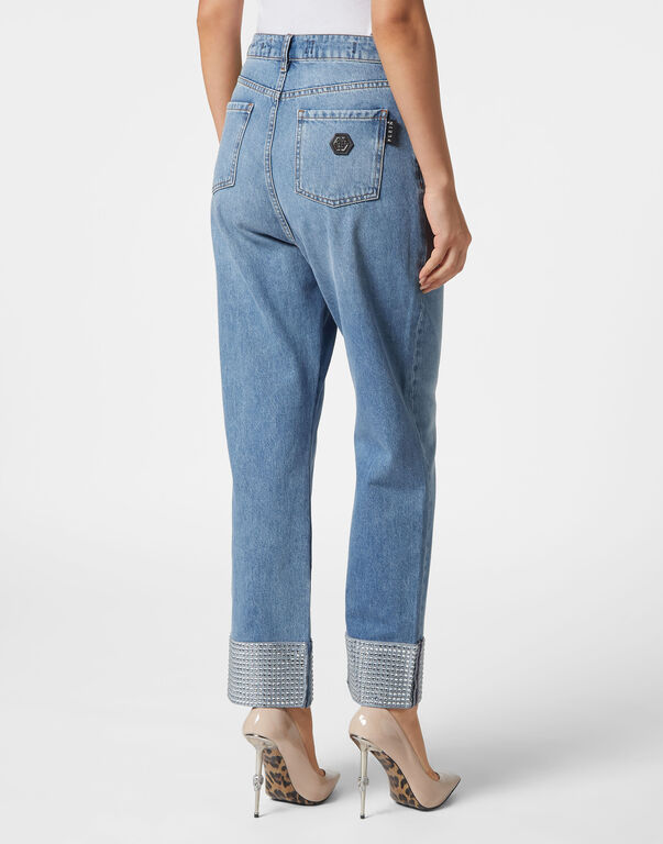 Denim Trousers Strass Loose Fit Heart